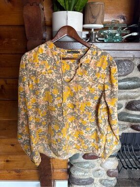 prAna Floral Tie Neck Blouse Yellow Botanical Long Sleeve Boho Cottagecore L
